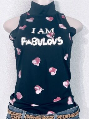 Anna Molinari Blugirl Black Rhinestone Heart Top Sleeveless Italy Y2K SZ 8 I44